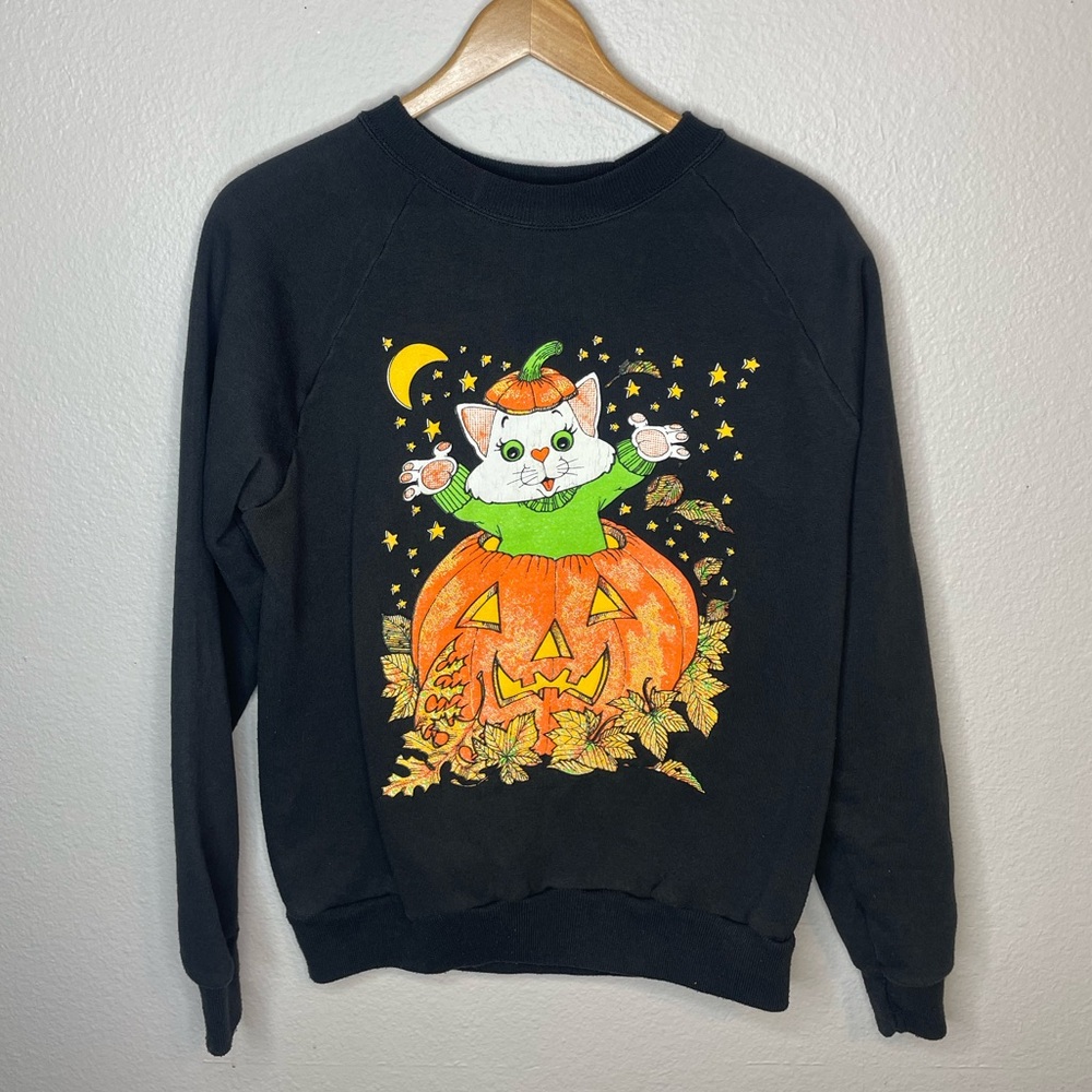 Vintage 1980s Halloween Pumpkin Cat Pullover Crewneck Sweatshirt adult MEDIUM